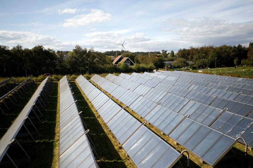 Field of solar panels with a wind turbine in the background